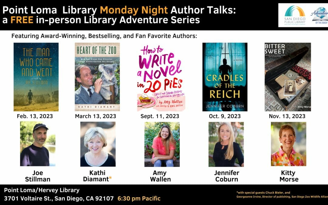 Point Loma Library Monday Night Author Adventures (Part 1): a FREE in-person series featuring Academy Award nominated Shrek screenwriter and author Joe Stillman (and Kathi Diamant, Amy Wallen, Jennifer Coburn, and Kitty Morse)